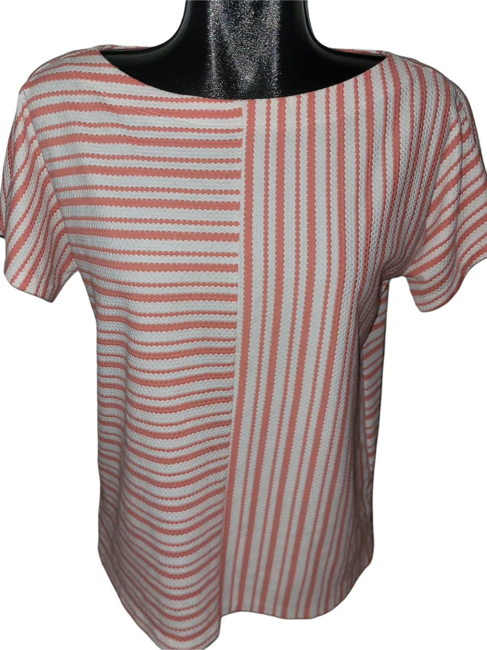 Jones New York Striped Short Dolman Sleeve Tee In Coral and White M - Picture 2 of 7